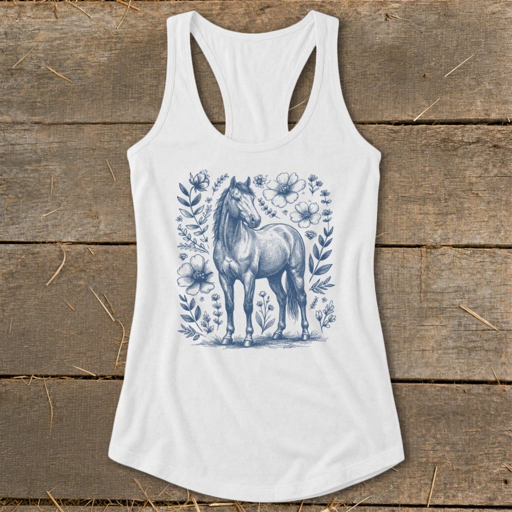 White tank top with a blue sketch of a horse surrounded by flowers.