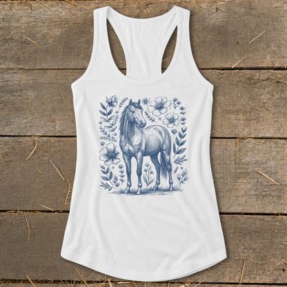 White tank top with a blue sketch of a horse surrounded by flowers.