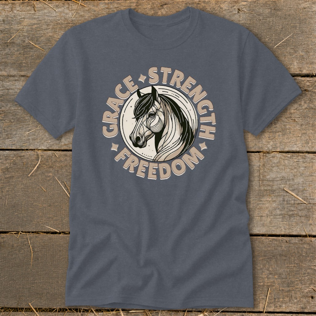 Dark grey t-shirt with horse head graphic and "Grace Strength Freedom" text.