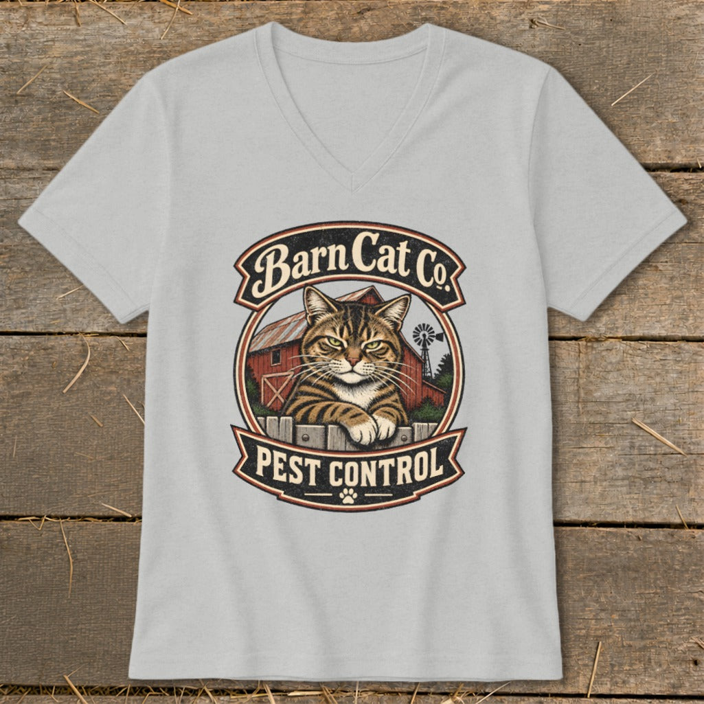 A light gray V-neck t-shirt featuring a vintage Barn Cat Co. Pest Control graphic centered on the chest.