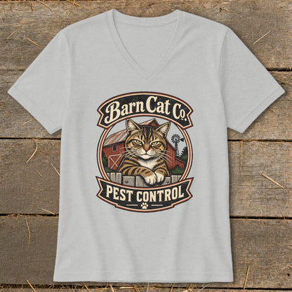 A light gray V-neck t-shirt featuring a vintage Barn Cat Co. Pest Control graphic centered on the chest.