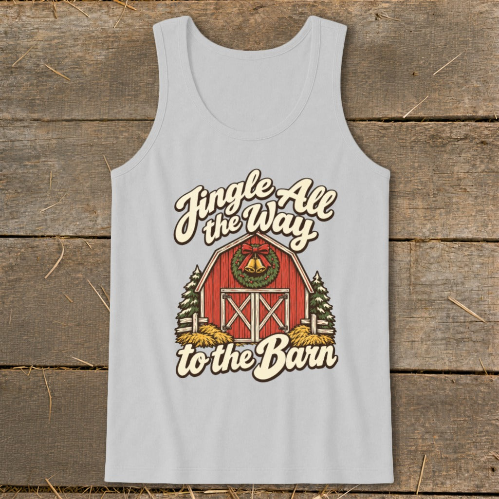 Light gray tank top with "Jingle All the Way to the Barn" text and barn graphic.