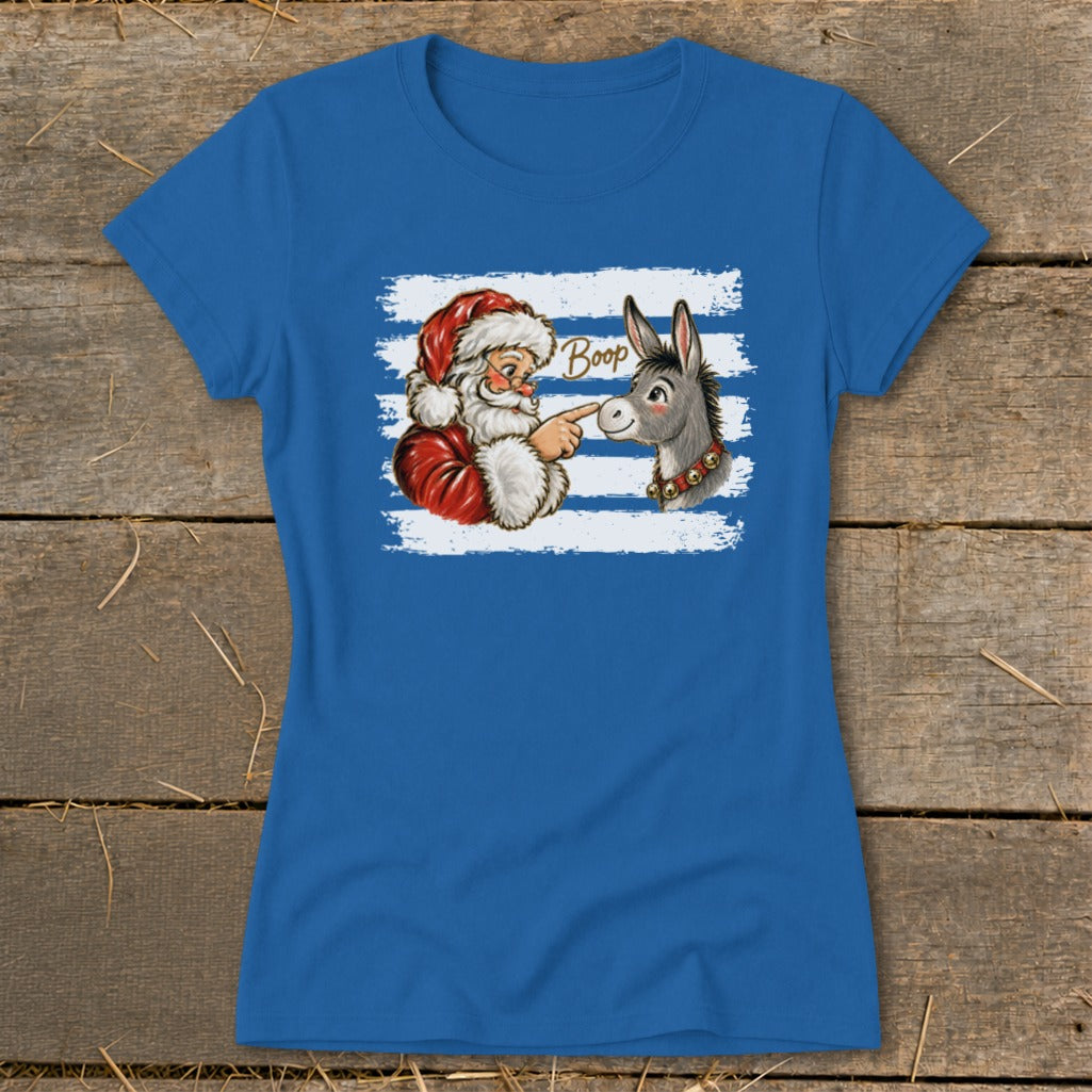 Santa booping a donkey with the word "Boop" above.
