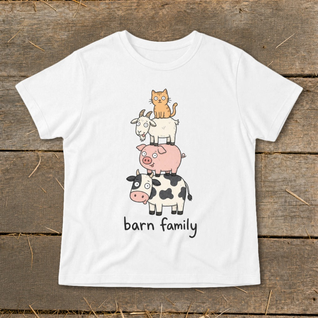 White t-shirt with cartoon cow, pig, goat, and cat stacked, text reads "barn family"