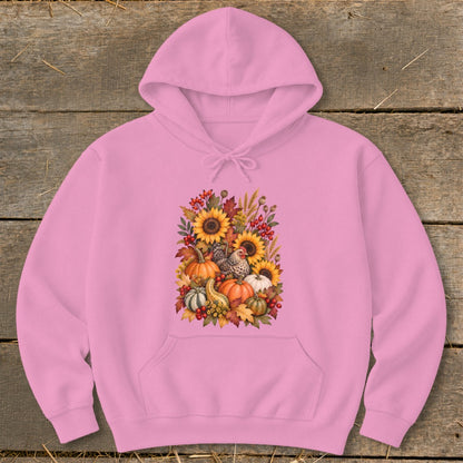 Pink hoodie with fall floral and chicken design.