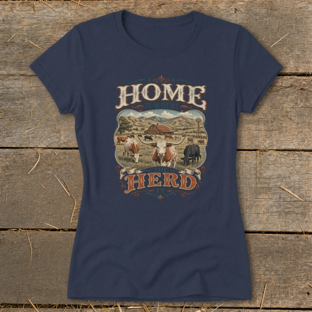 "Home Is Where The Herd Is" graphic on a navy blue t-shirt with a pastoral farm scene.