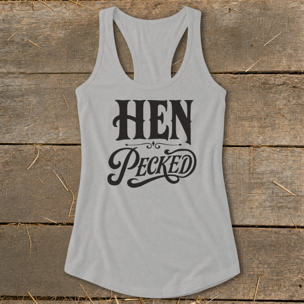 Light grey racerback tank top with "HEN Pecked" graphic design.