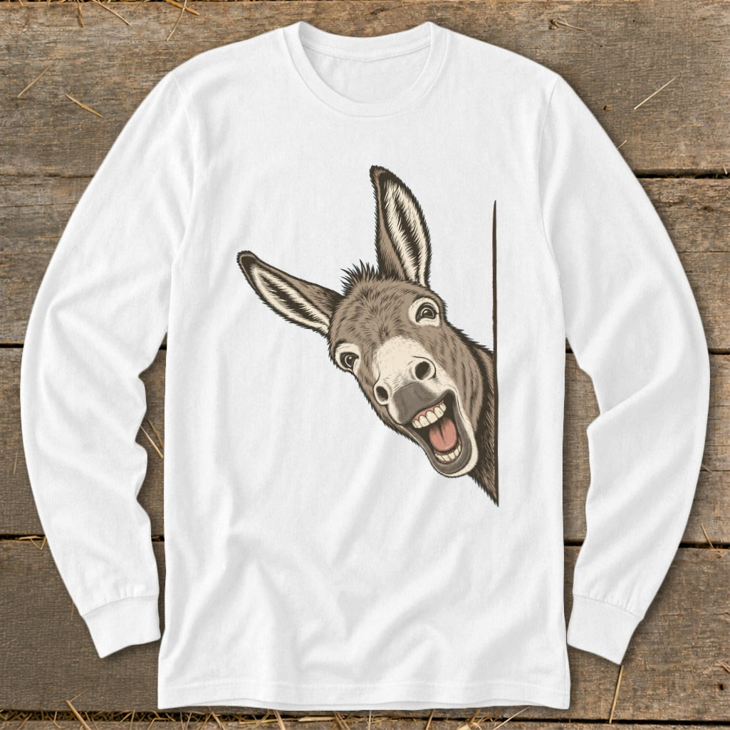 White long-sleeve shirt with a cartoon donkey peeking from the right side.