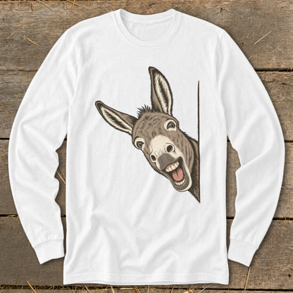 White long-sleeve shirt with a cartoon donkey peeking from the right side.