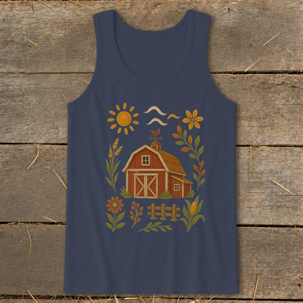 Navy tank top with a barn, sun, flowers, and fence graphic.