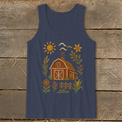 Navy tank top with a barn, sun, flowers, and fence graphic.
