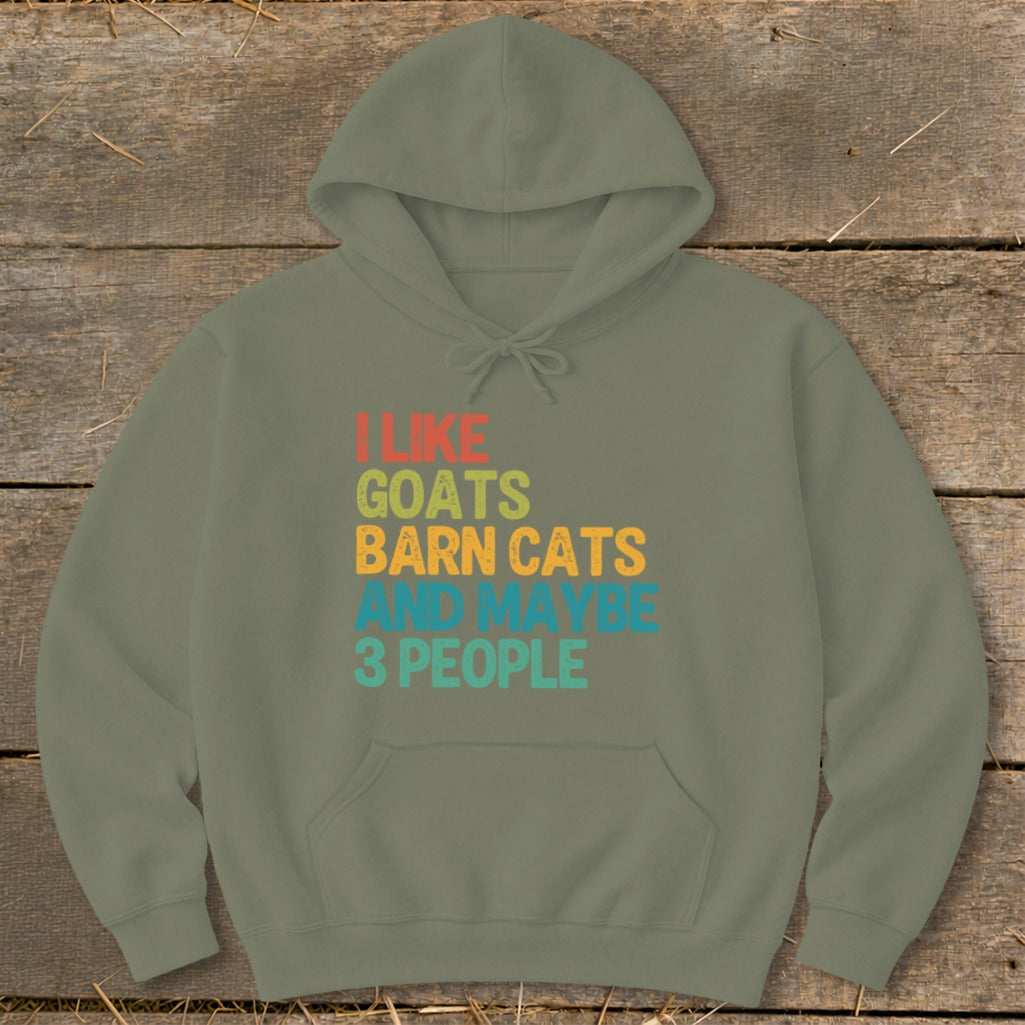 Green hoodie with text "I like goats, barn cats, and maybe 3 people".