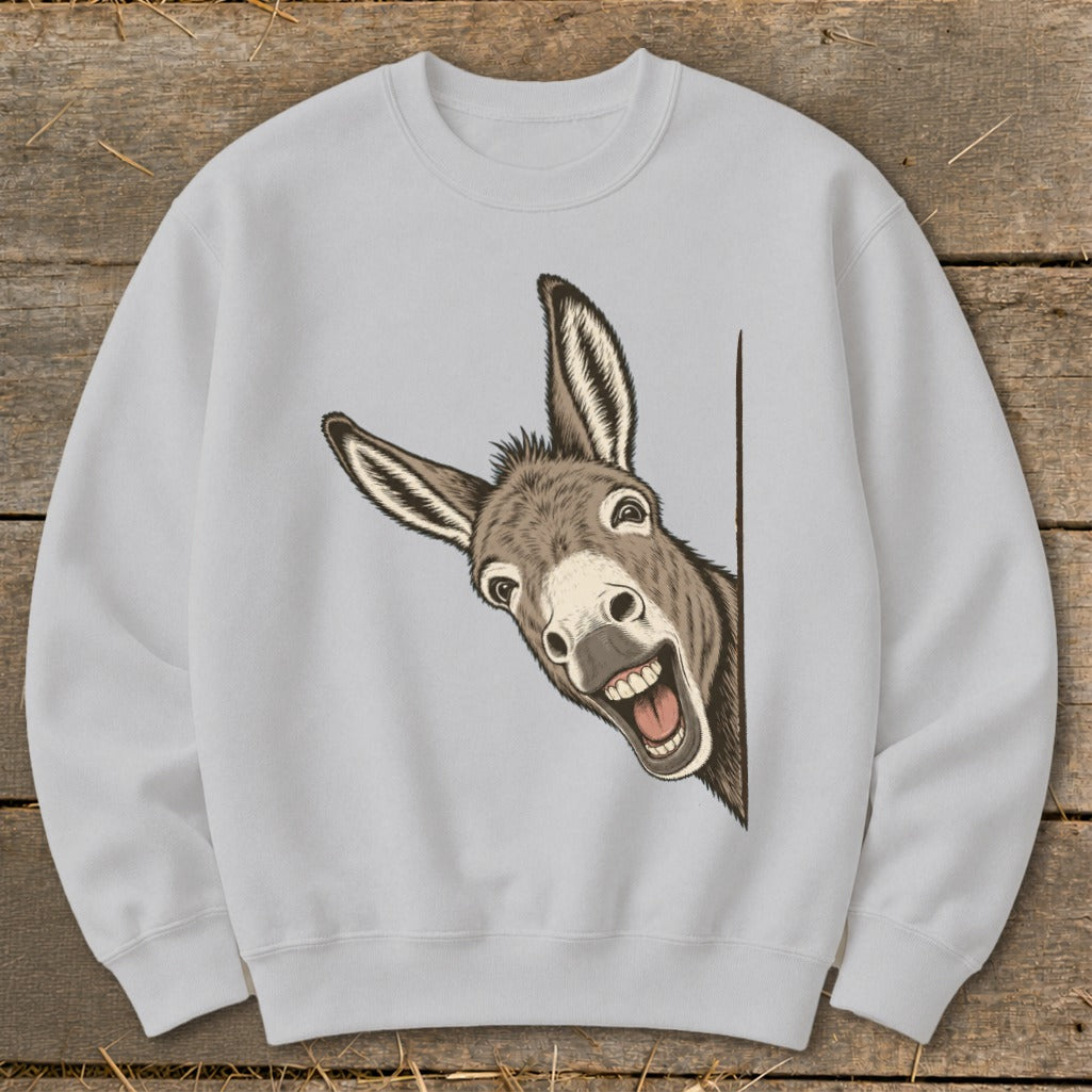 Light grey sweatshirt with a detailed illustration of a grinning donkey peeking around a corner.