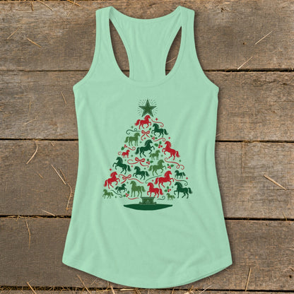 Mint green tank top with a Christmas tree graphic made of red and green horses.