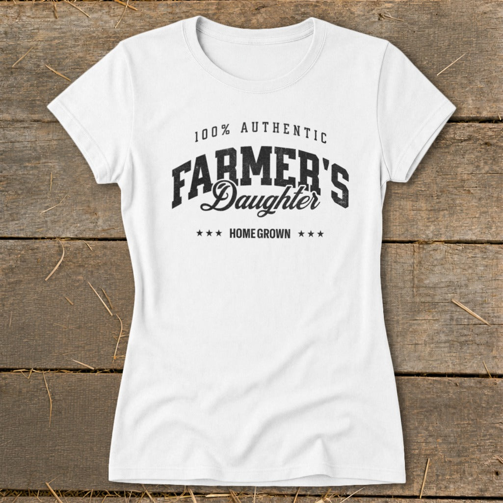 White t-shirt with "Farmer's Daughter Home Grown" text design.