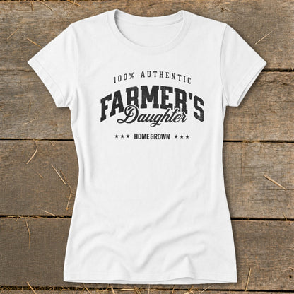 White t-shirt with "Farmer's Daughter Home Grown" text design.