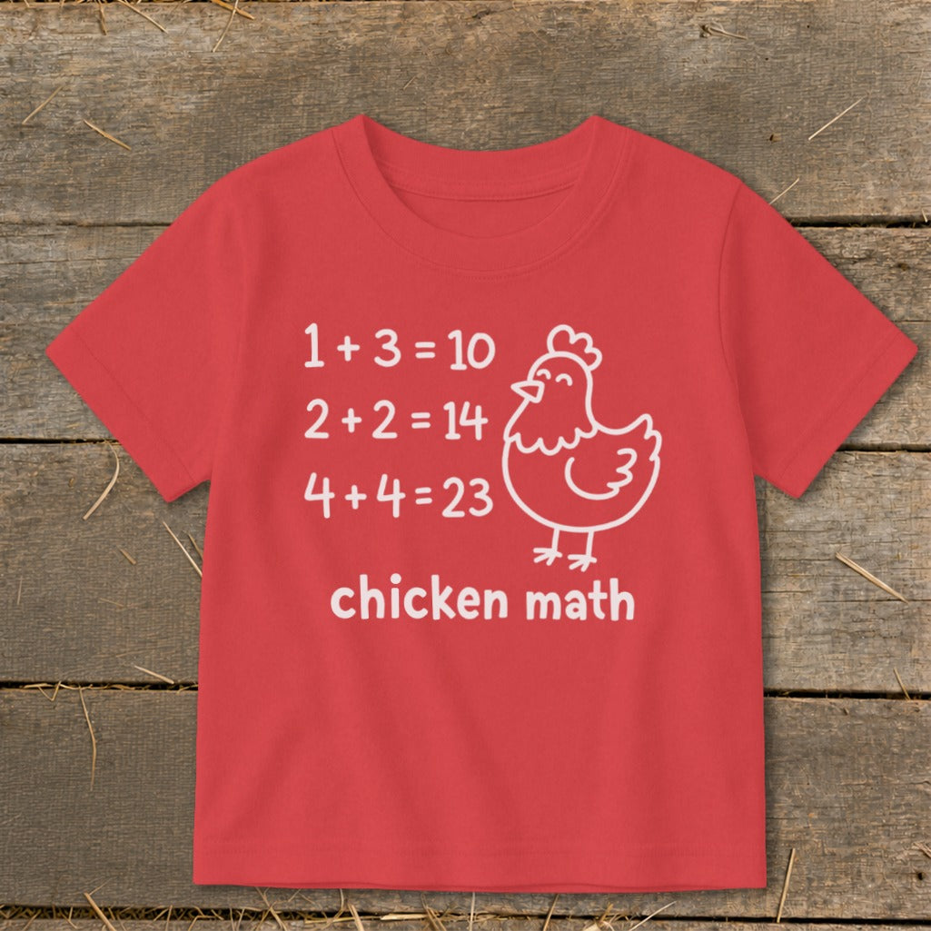 Red t-shirt with white text and cartoon chicken: "chicken math" equations and text.