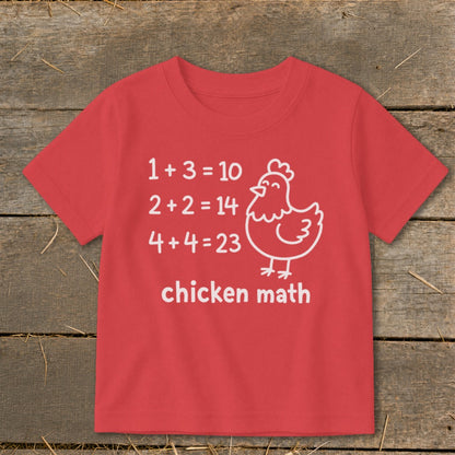 Red t-shirt with white text and cartoon chicken: "chicken math" equations and text.