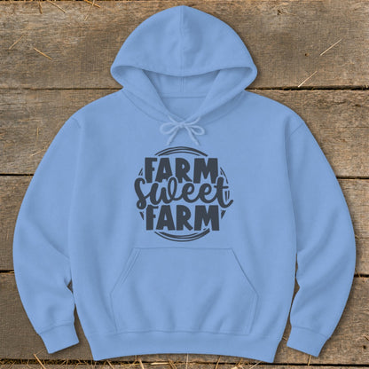 Light blue hoodie with "Farm Sweet Farm" graphic design.
