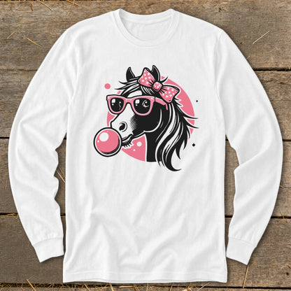 Horse head wearing pink sunglasses and a bow, blowing a pink bubble.