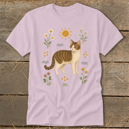 Brown and white tabby cat with flowers and sun graphic on a lilac t-shirt.