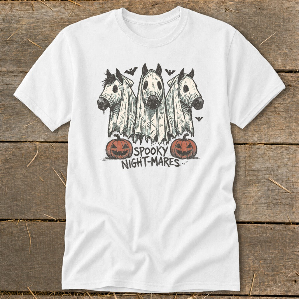 Three horses in ghost costumes with pumpkins and bats, text reads "Spooky Night-mares".