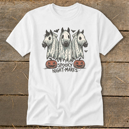 Three horses in ghost costumes with pumpkins and bats, text reads "Spooky Night-mares".