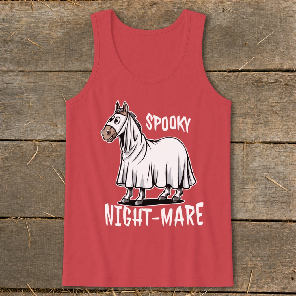 Red tank top with a cartoon horse in a ghost costume and text "SPOOKY NIGHT-MARE".