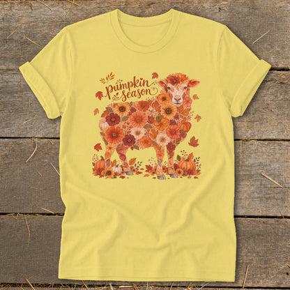 Yellow t-shirt with floral sheep graphic and "Pumpkin Season" text.