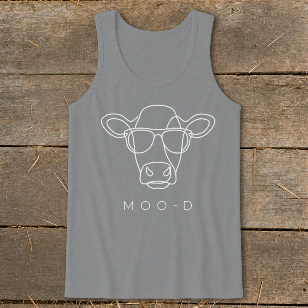 Grey tank top with white line art of a cow wearing sunglasses and the text "MOO-D".