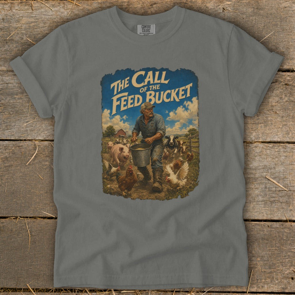 Graphic of farmer with feed bucket surrounded by farm animals and text "The Call of the Feed Bucket".
