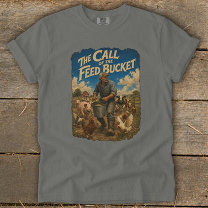 Graphic of farmer with feed bucket surrounded by farm animals and text "The Call of the Feed Bucket".