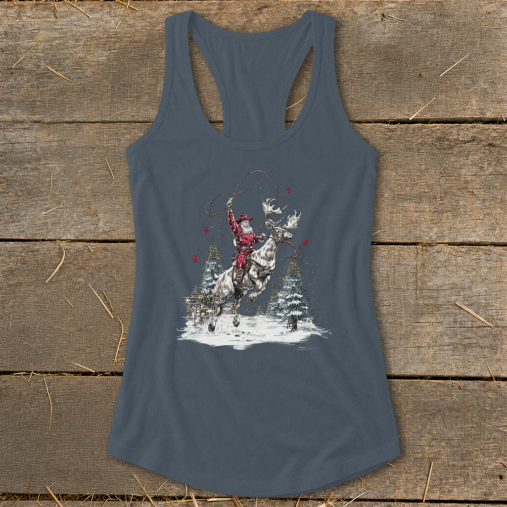 Santa Claus on a moose with antlers, lassoing in a snowy forest scene with pine trees.