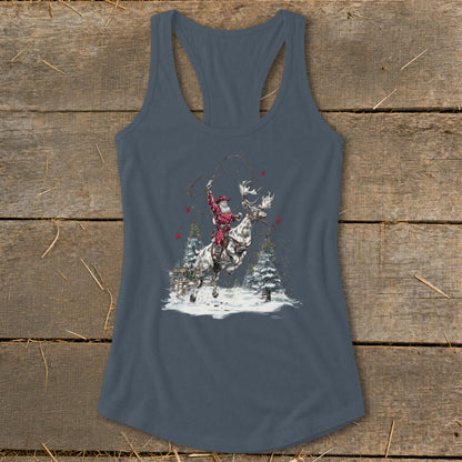 Santa Claus on a moose with antlers, lassoing in a snowy forest scene with pine trees.
