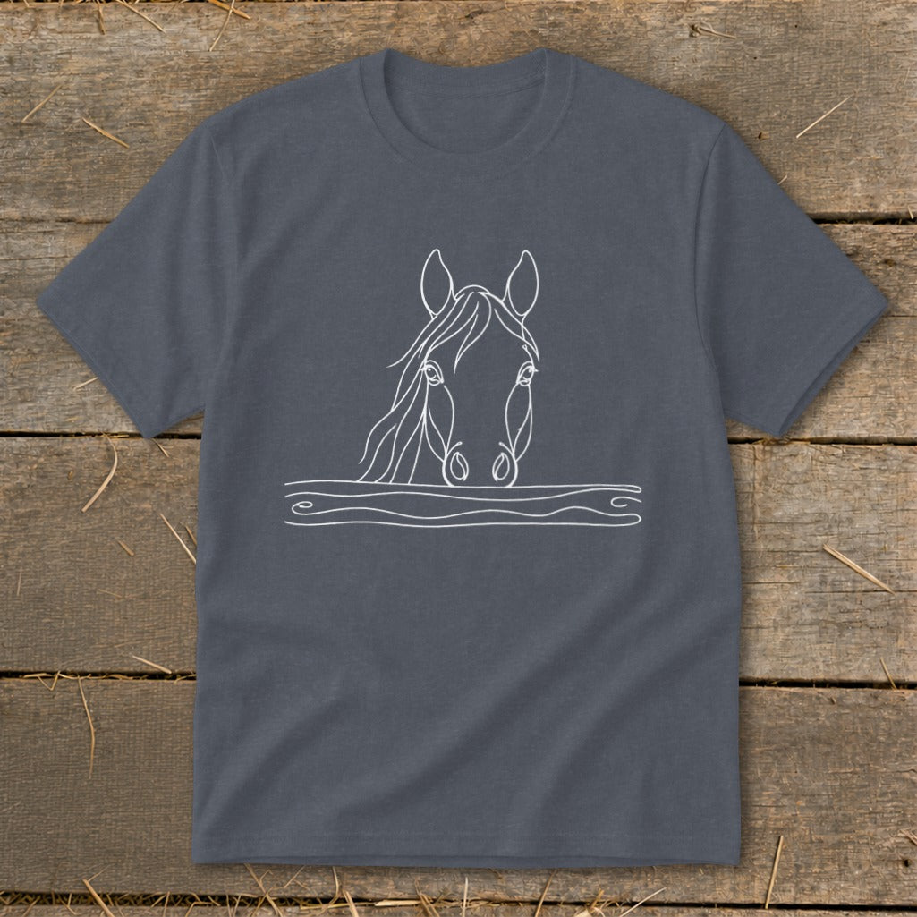 Dark gray t-shirt with a white line drawing of a horse's head above wavy lines.