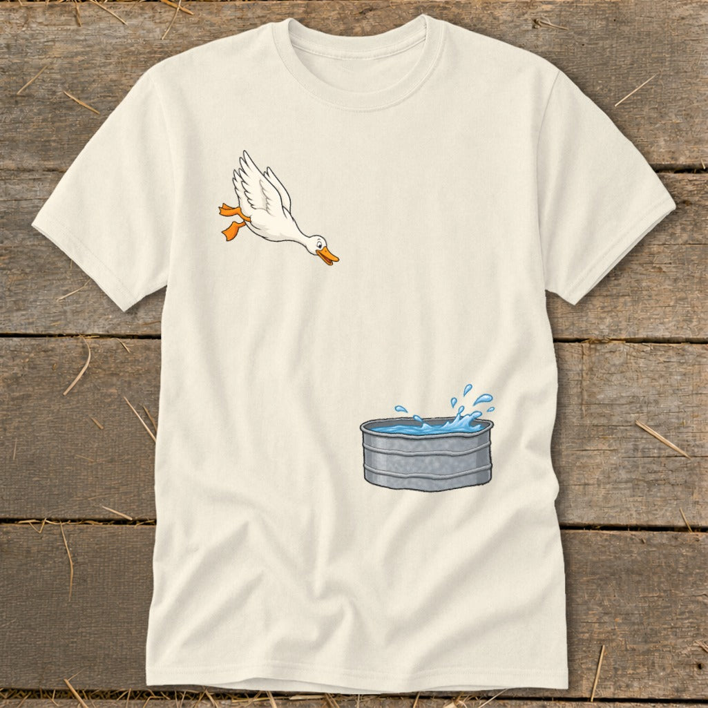 T-shirt graphic of a white goose jumping into a water-filled trough.