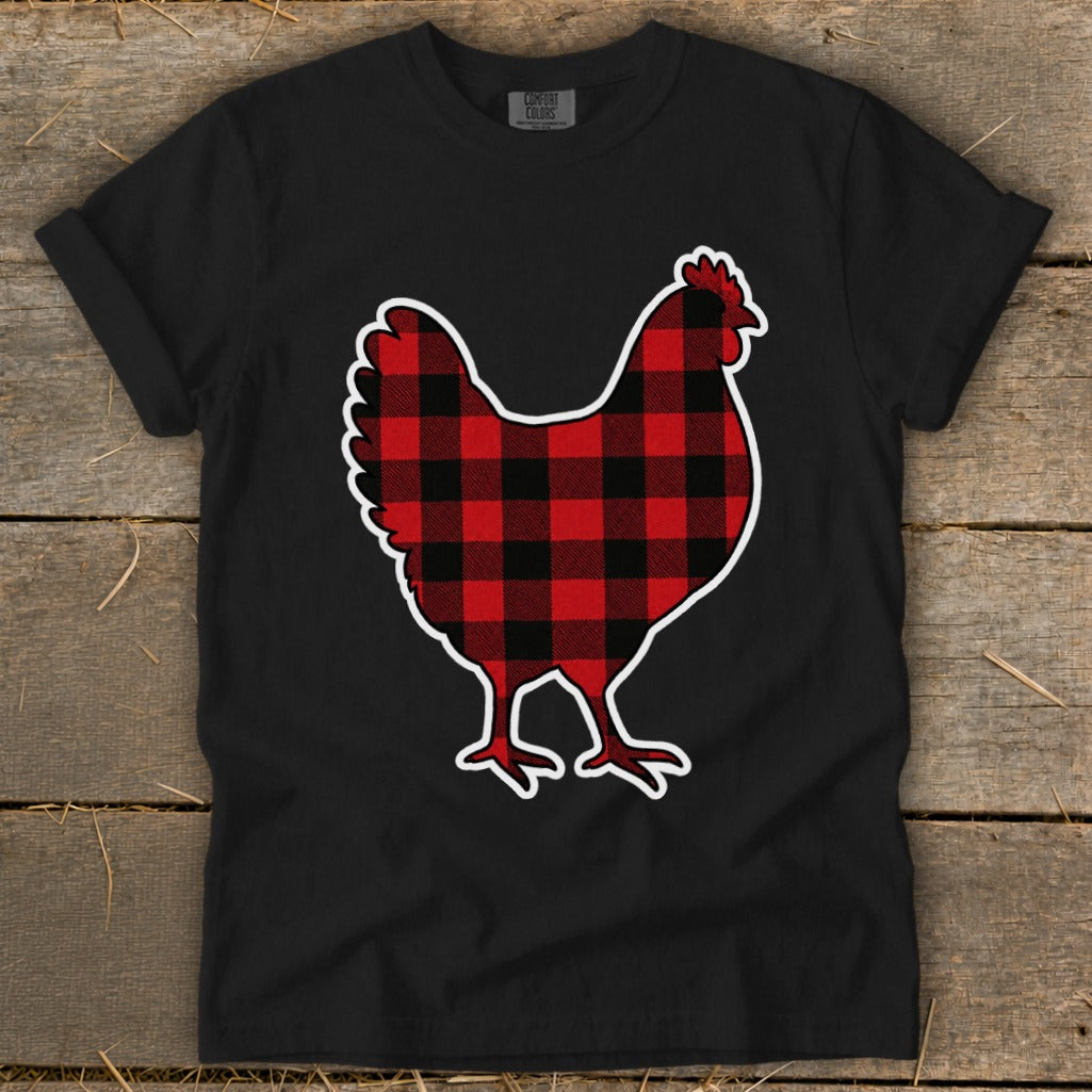 Black t-shirt with buffalo plaid chicken graphic and "COMFORT COLORS" text.