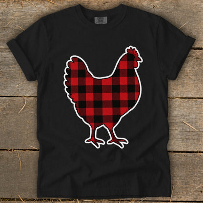 Black t-shirt with buffalo plaid chicken graphic and "COMFORT COLORS" text.