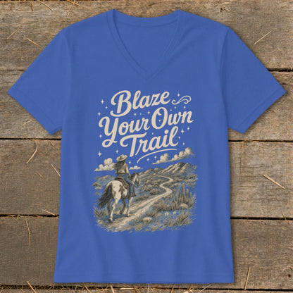 Royal blue t-shirt with "Blaze Your Own Trail" and a cowboy on horseback in a desert landscape.