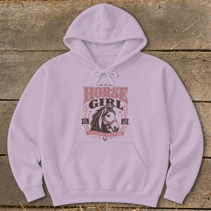 Light purple hoodie with "Horse Girl" text and a horse head graphic.