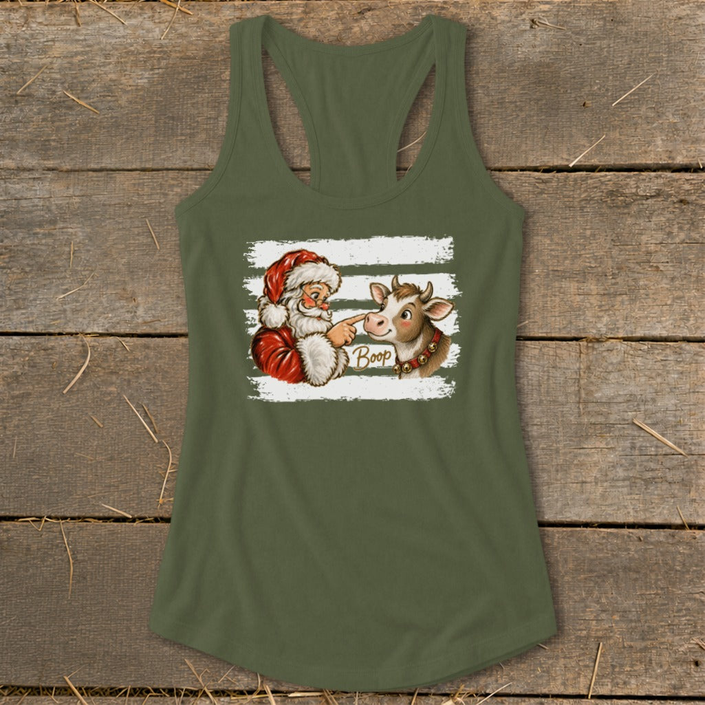 Santa boops a cow with text that reads "Boop" on a green tank top.