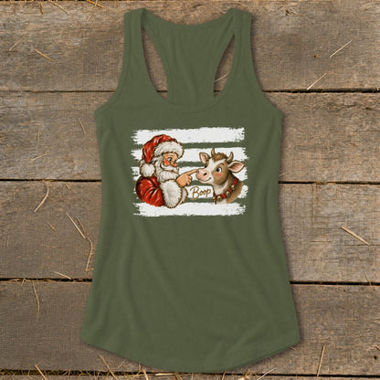 Santa boops a cow with text that reads "Boop" on a green tank top.