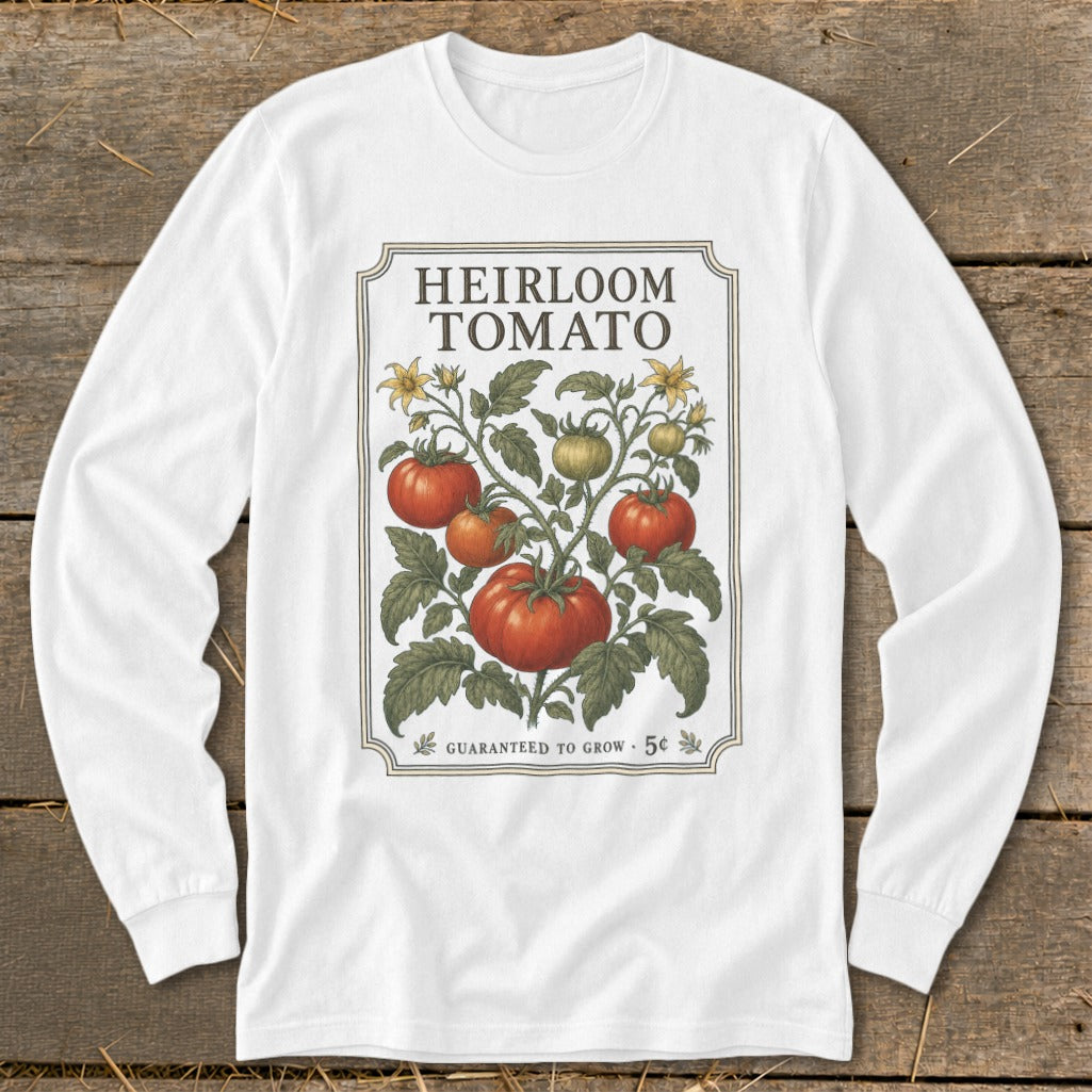 White long-sleeve shirt with "Heirloom Tomato" label and illustration.
