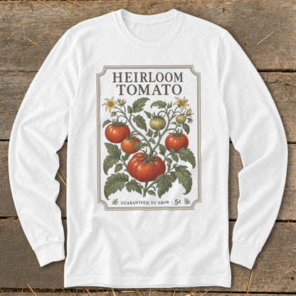 White long-sleeve shirt with "Heirloom Tomato" label and illustration.