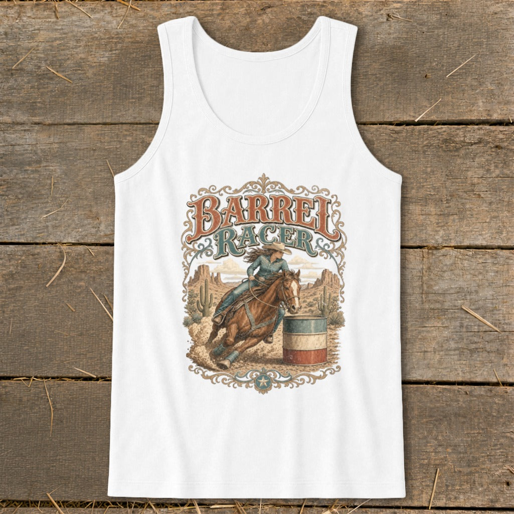 Barrel racer and horse graphic with desert landscape and text on a white tank top.