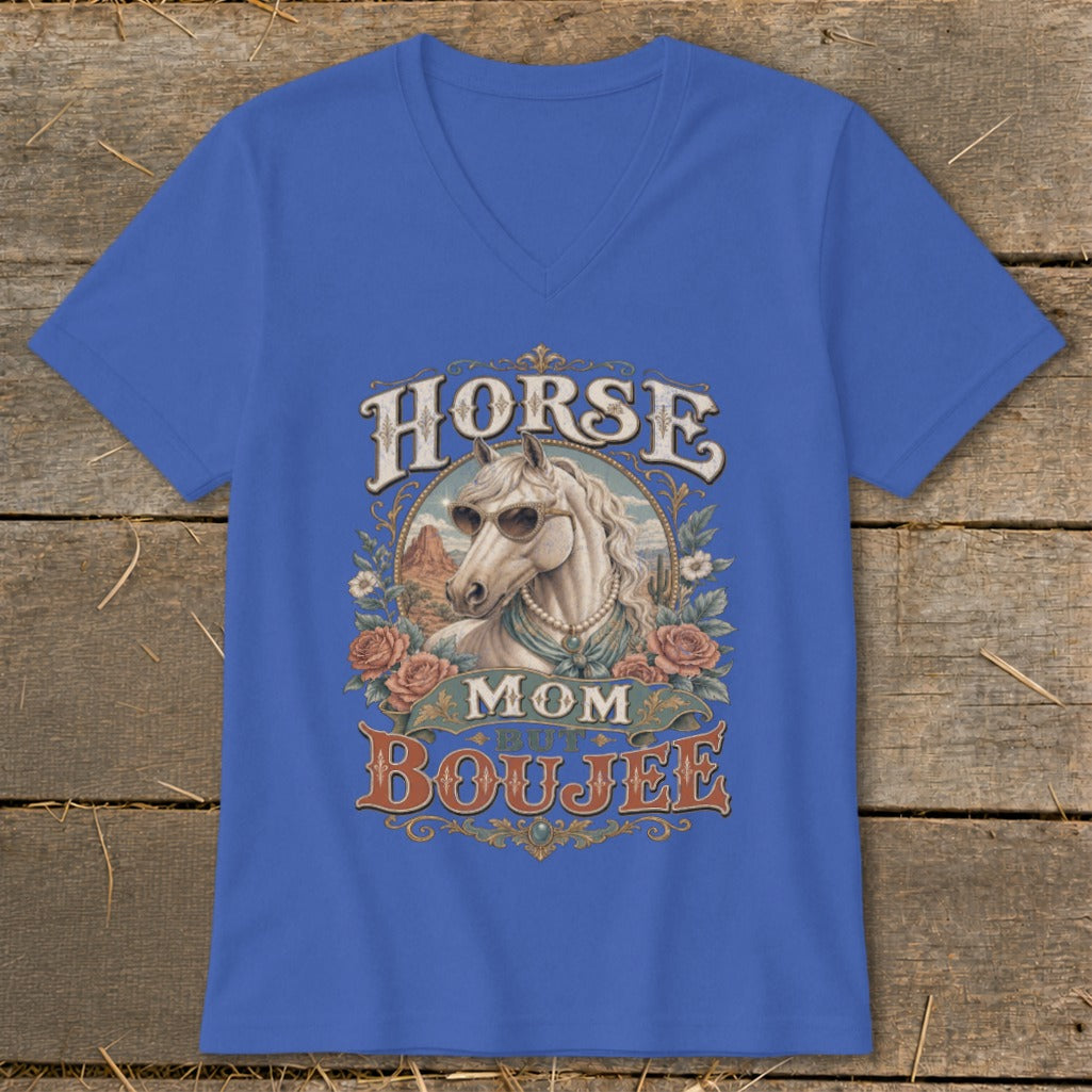 Horse Mom But Boujee graphic with white horse wearing sunglasses and pearls.