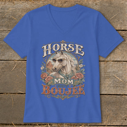 Horse Mom But Boujee graphic with white horse wearing sunglasses and pearls.