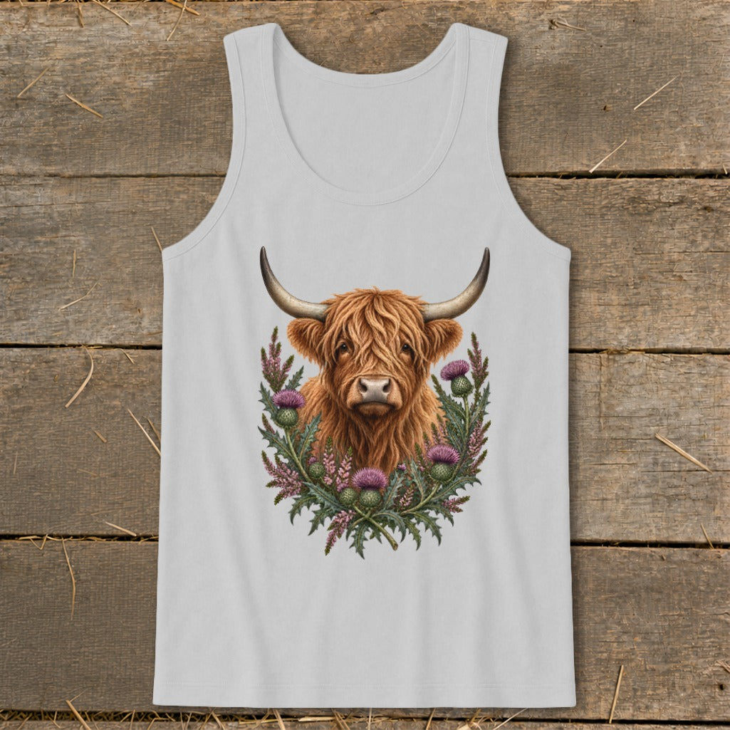 Highland cow illustration surrounded by thistles on a white tank top.