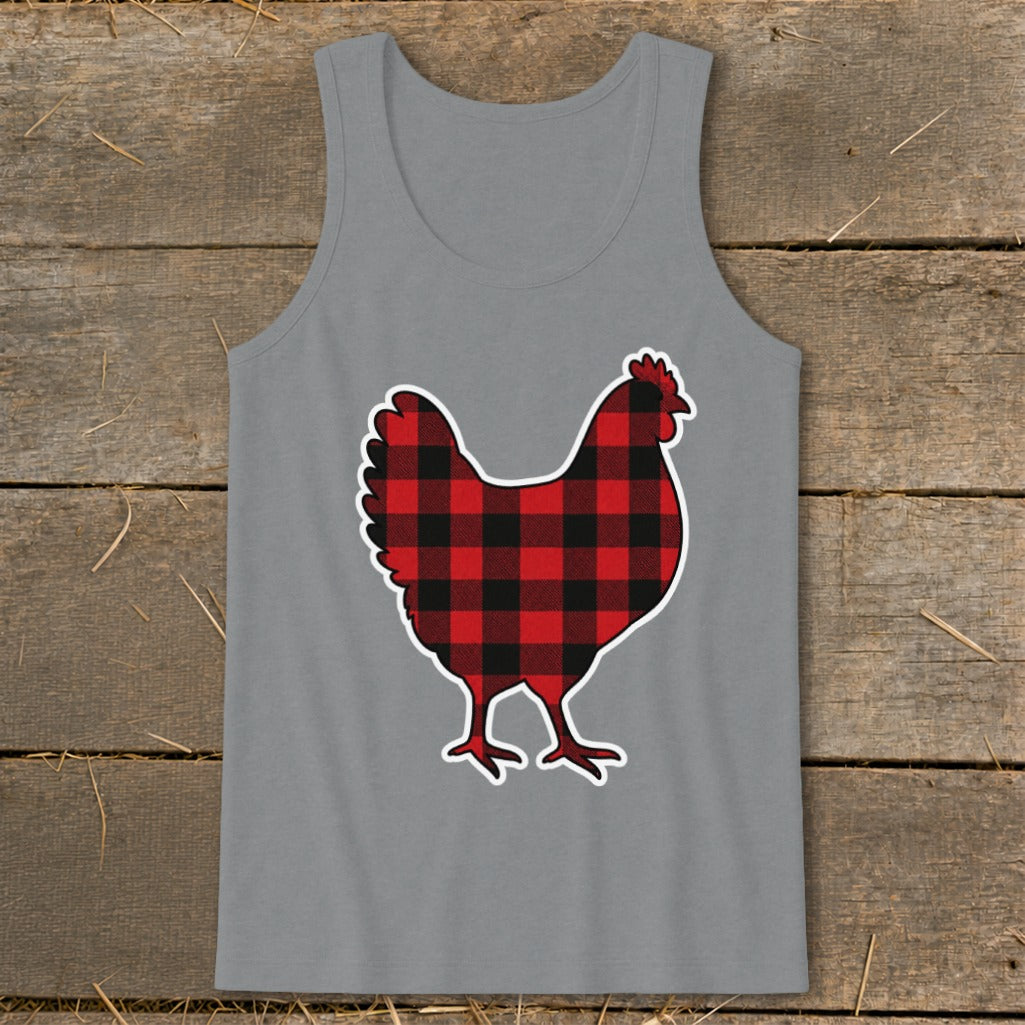 Gray tank top with a buffalo plaid chicken graphic on the front.