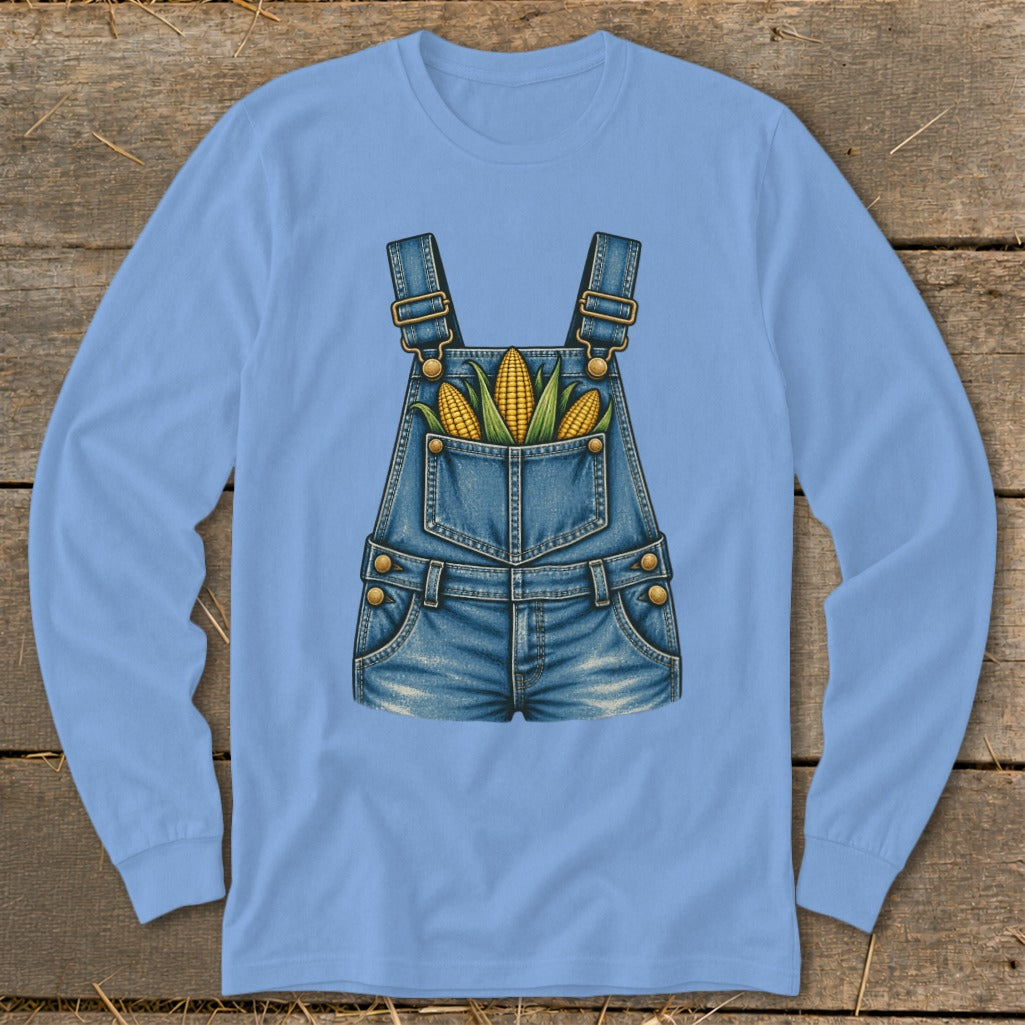 Blue long-sleeve shirt with denim overalls graphic and corn in the pocket.